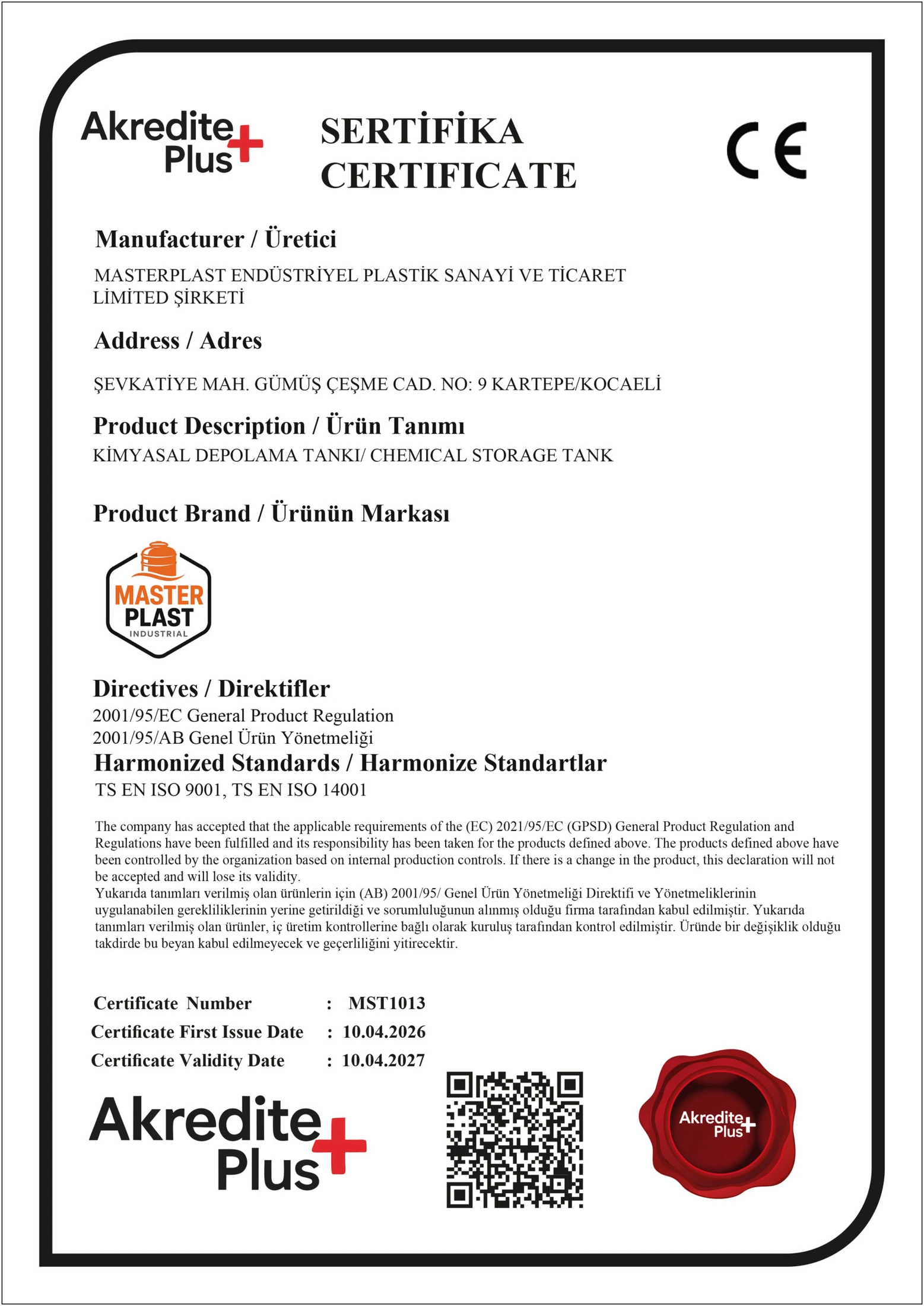 Masterplast CE Belgesi Ek Sayfa