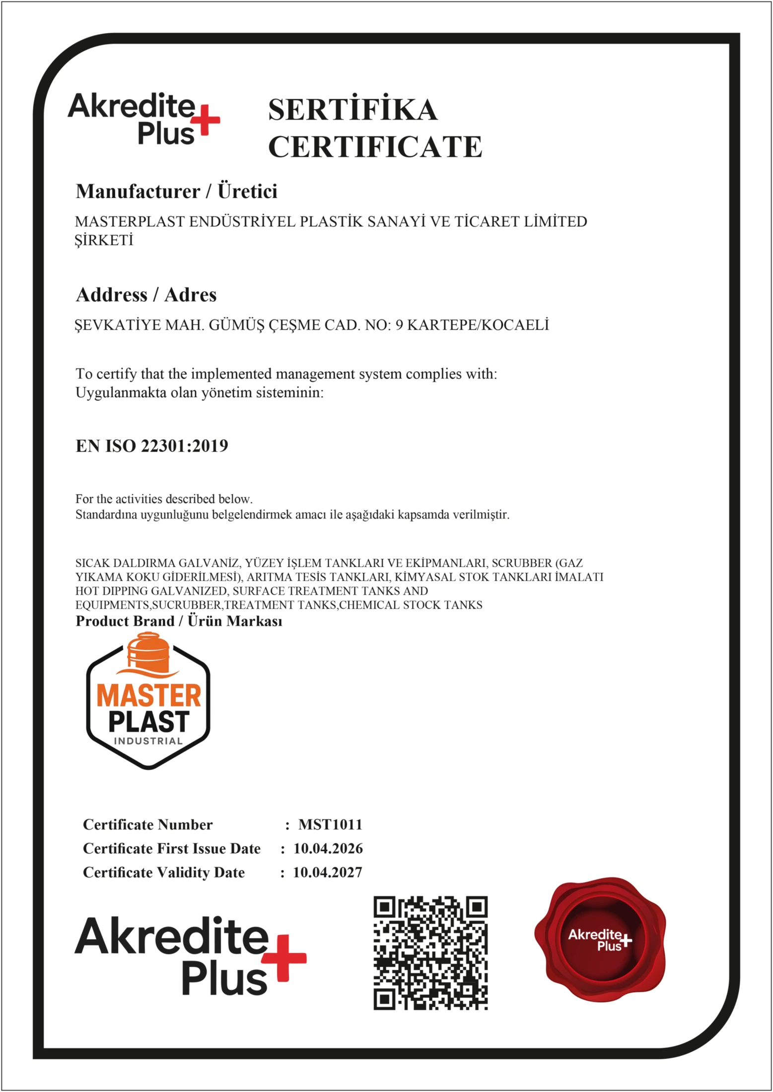Masterplast ISO 22301 Belgesi Ek Sayfa
