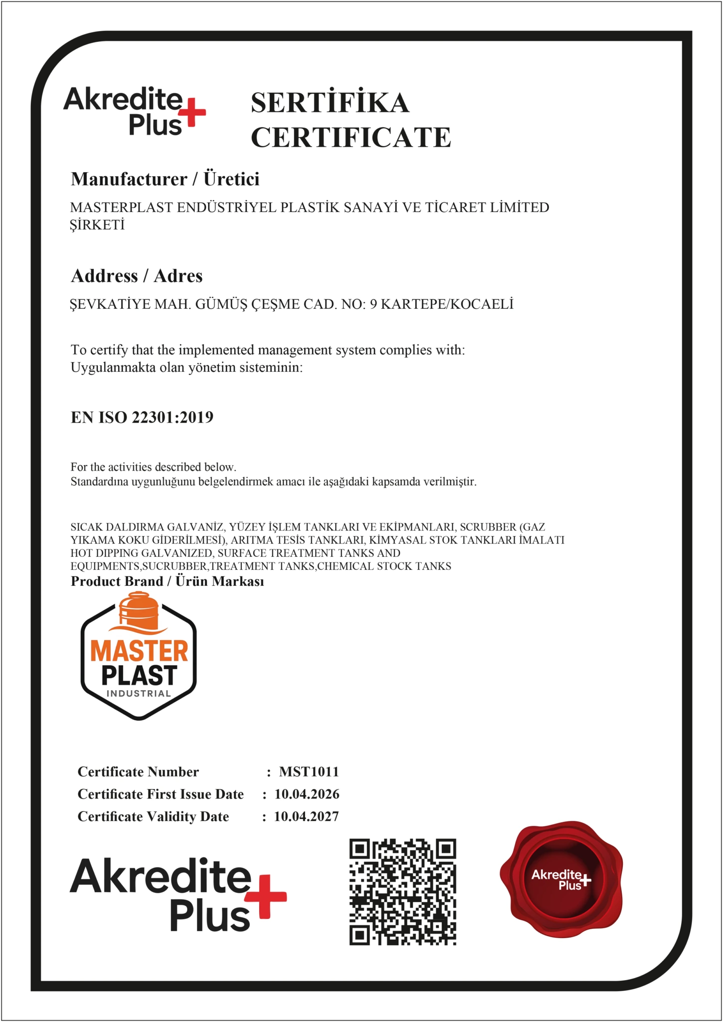 Masterplast ISO 22301 Belgesi