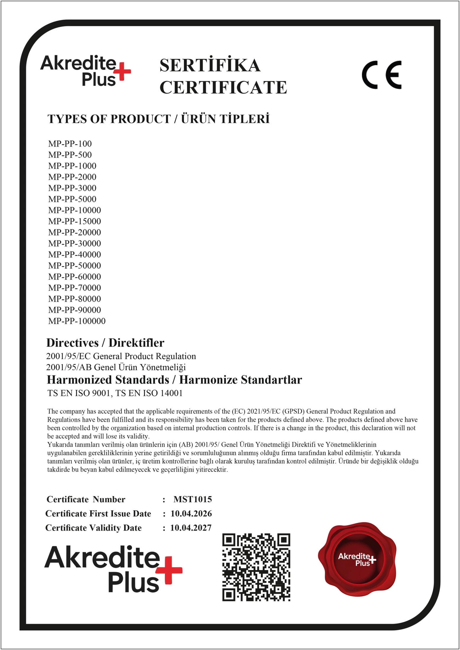 Masterplast PP CE Belgesi Ek Sayfa